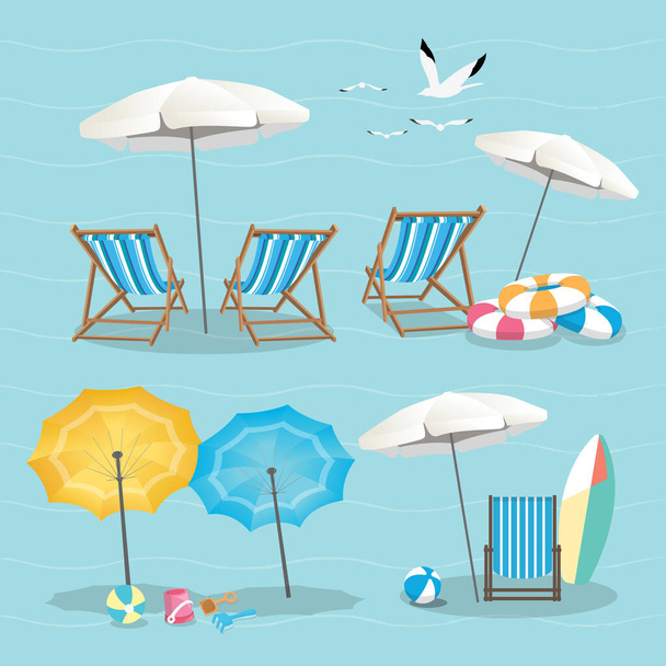 Set of umbrellas, deck chairs and beach equipment icons in paste - Vector, imagen