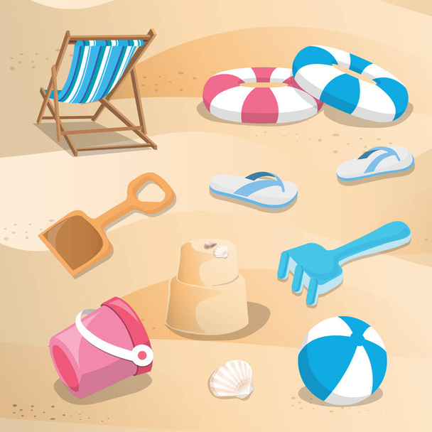 Set of summer accessories and beach toys, vector icons - Vettoriali, immagini