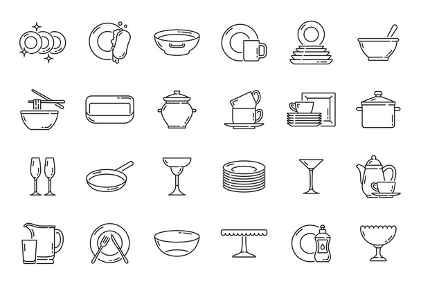 Keukenborden, borden en keukengerei omtrek pictogrammen, vector vaatwerk, servies, keukengerei dunne lijn symbolen. Keukengerei, pannen en koekenpan, theepot met kopjes en noedelschaaltje icoon - Vector, afbeelding