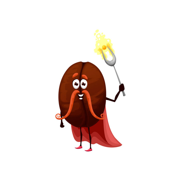 Coffee bean wizard, funny vector grain magician cartoon character with magic staff or wand. Wiz with mustaches making spell. Smiling sorcerer in cape, seed fascinator personage, coffee conjurer - Vektor, obrázek