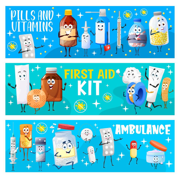First aid kit, pills and vitamins with ambulance cartoon characters, vector banners. Medical first aid medications and remedy of funny thermometer, syringe and plaster patch with cottonwool and pills - Vektor, obrázek
