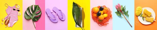Collage of beach accessories with tropical plants, tasty ice cream and orange fruit on color background. Hello summer - Photo, Image