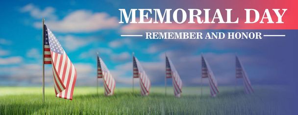 記念の日を覚えて、名誉テキスト、緑のフィールドにアメリカのフラグは、青空背景、バナー。ハッピーメモリアルデーカード3Dレンダリング - 写真・画像