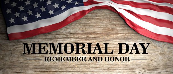 Memorial Day Recuerde y honre el texto y la bandera de Estados Unidos sobre fondo de madera. Feliz Día de la Memoria Nacional de EE.UU. fiesta, 3d render - Foto, imagen