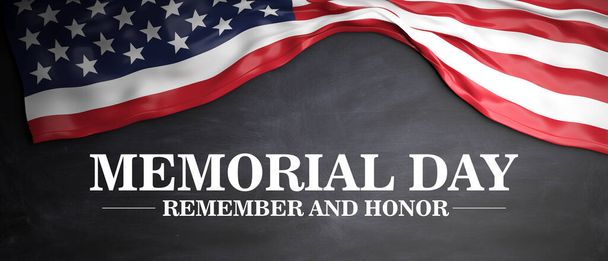 Memorial Day Remember and Honor text and America flag on black background. Happy Memorial Day National USA holiday, 3d render - Φωτογραφία, εικόνα