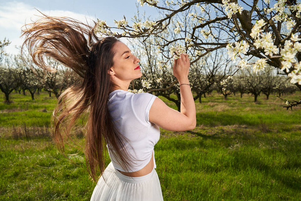 Portrait of a beautiful caucasian woman in white dress in a blooming plum orchard - Foto, imagen