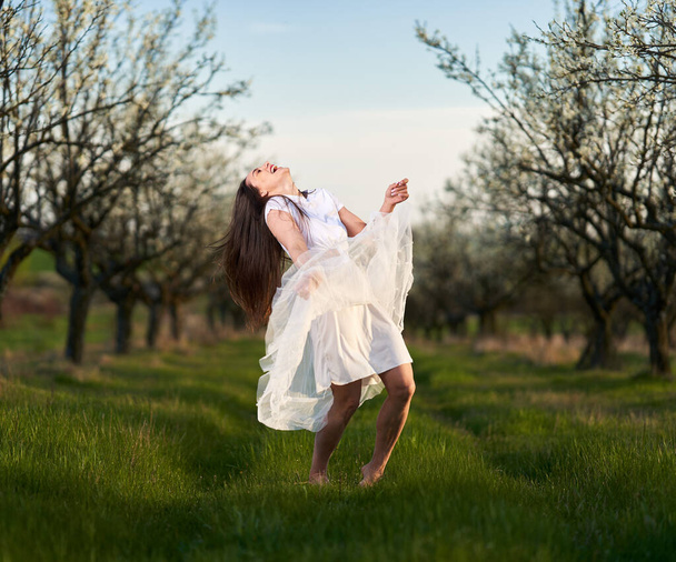 Portrait of a beautiful caucasian woman in white dress in a blooming plum orchard - 写真・画像