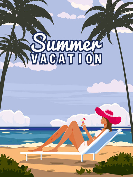 ビーチ、海岸熱帯リゾート、ヤシの木、海の赤い帽子のカクテルグラス付きのシャイラウンジで夏休みの女性。レトロなポスター｜旅行時間 - ベクター画像