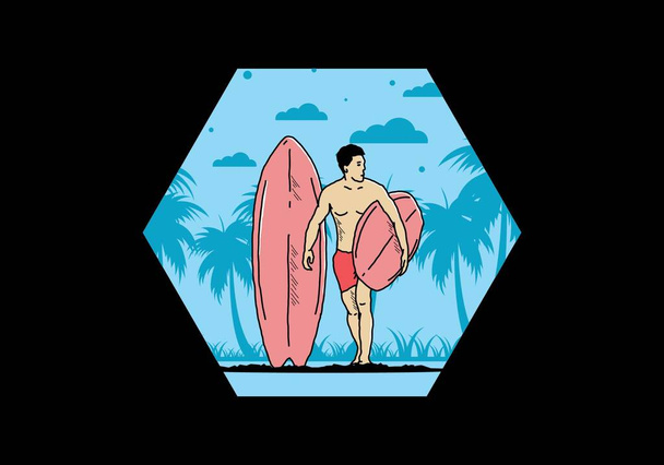 Без сорочки чоловік тримає дизайн ілюстрації дошки для серфінгу
 - Вектор, зображення