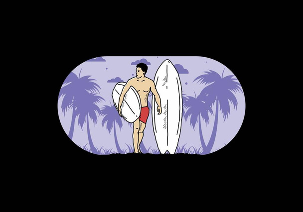 Без сорочки чоловік тримає дизайн ілюстрації дошки для серфінгу
 - Вектор, зображення