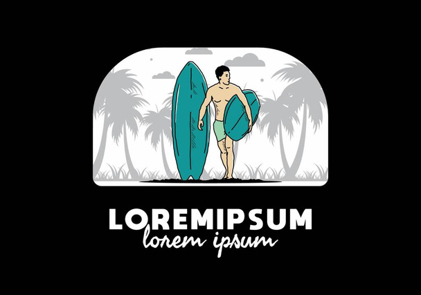 The shirtless man holding surfboard illustration design - Vector, Image