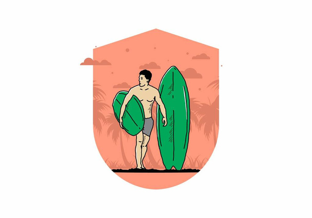 The shirtless man holding surfboard illustration design - Vektör, Görsel