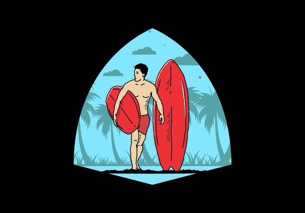 Sörf tahtası çizim tasarımı tutan üstsüz adam. - Vektör, Görsel