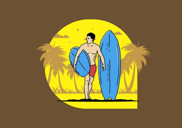 L'uomo senza maglietta che tiene disegno illustrazione tavola da surf - Vettoriali, immagini