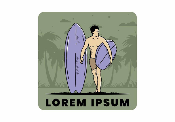 Muž bez košile, který drží surfařský ilustrační design - Vektor, obrázek