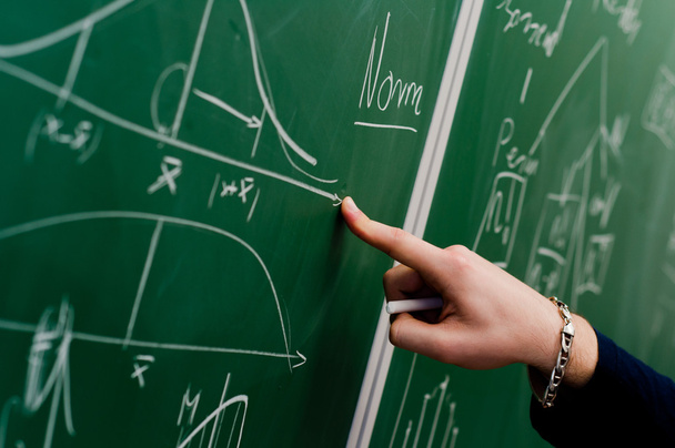 Hand of a student pointing at green chalk board - 写真・画像