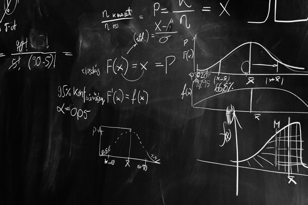 Black and white picture of a chalk board with formulas - Zdjęcie, obraz