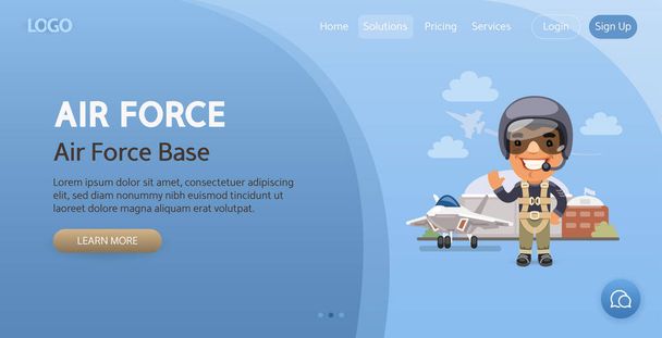 Air Force Base website template. Illustration of a cartoon smiling pilot stands in front of a military airfield and fighter. Composition with a professional man. Flat male character. - Vector, imagen