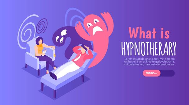 Izometrická hypnoterapie horizontální banner s pacientem vyprávět své sny na fychoanalytik vektorové ilustrace - Vektor, obrázek