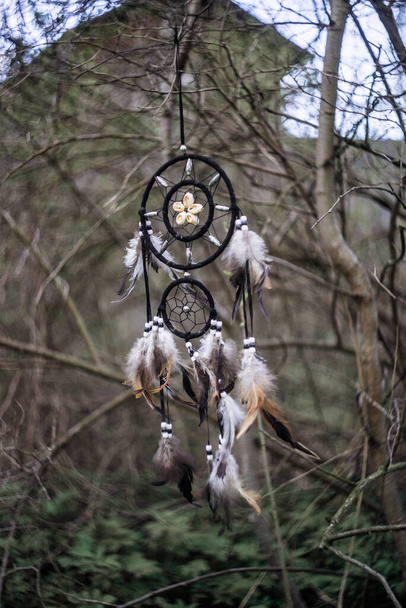 Traumfänger, spirituelles mystisches Schamanen-Amulett, das im Wald hängt - Foto, Bild