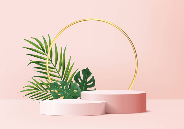 3d background products display podium scene with green leaf geometric platform. background vector 3d render with podium. stand to show cosmetic product. Stage showcase on pedestal display pink studio - Vektor, Bild