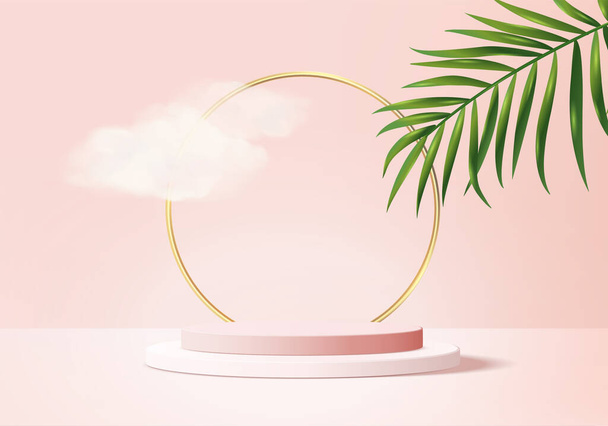 Valentine background vector 3d pink rendering with podium and cloud white scene, cloud 3d minimal background 3d rendering valentine love pink pastel podium. Stage pink on cloud render background - Vector, Image