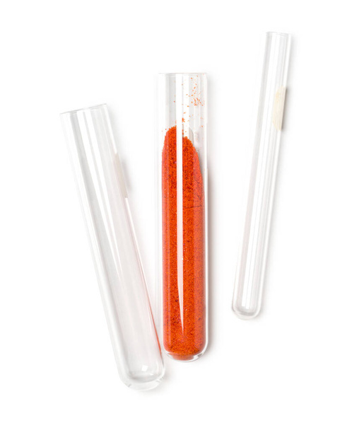 Potassium Ferricyanide in test tube. Closeup chemical ingredient on white laboratory table. - Foto, imagen