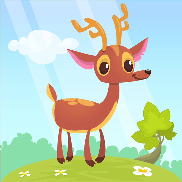 Cartoon deer standing on the summer meadow. Vector design isolated - Вектор, зображення