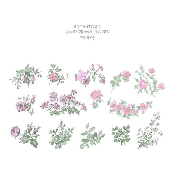 Düğün davetiyesi çiçek seti. Fuchsia Rose Chrisanthemum ve pastel renkli kır çiçekleri. Kökler, yapraklar, beyaz arka planda çiçekler. Vektör illüstrasyon, baskı, tebrik kartı, logo, marka tasarımı - Vektör, Görsel