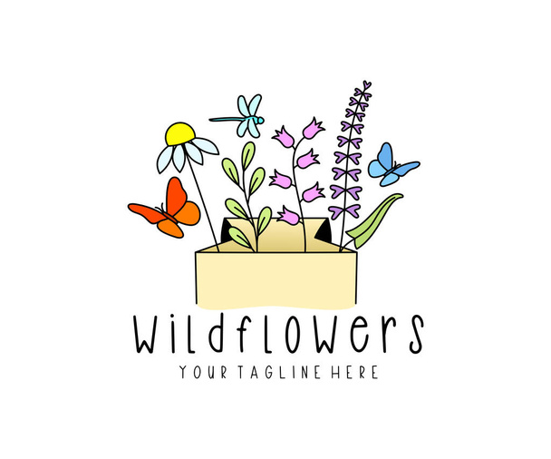 Pakket met bloemen en kruiden, vlinders en libellen, logo ontwerp. Wilde bloemen, weiden, natuur en insecten, vectorontwerp en illustratie - Vector, afbeelding