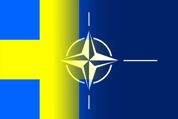 NATO-OTAN. Sweden. NATO flag. Swedish flag. Flag with the NATO logo. Concept of annexation of Sweden with NATO-OTAN. Foreground. Horizontal layout. Horizontal illustration. - Photo, Image