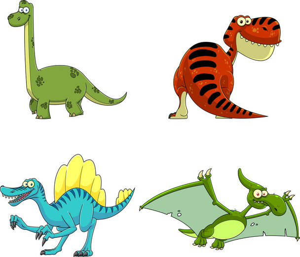 Dinosaur Cartoon Characters. Raster Hand Drawn Collection Set Isolated On White Background - Vetor, Imagem
