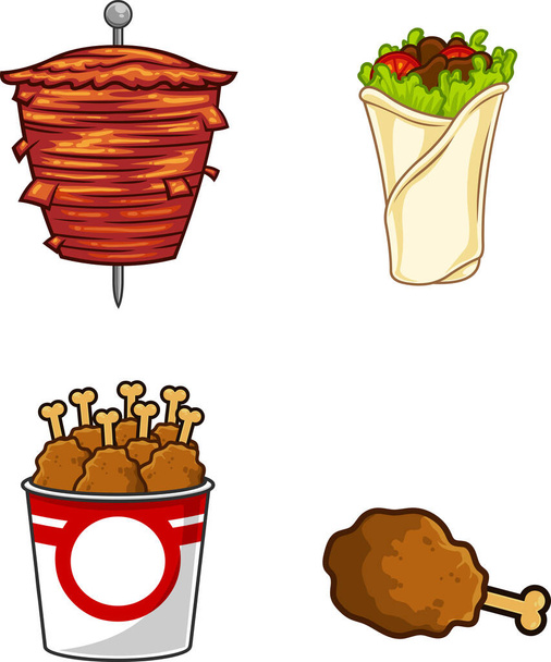 Cartoon Fast Foods. Raster Hand Drawn Collection Set Isolated On White Background - Vettoriali, immagini