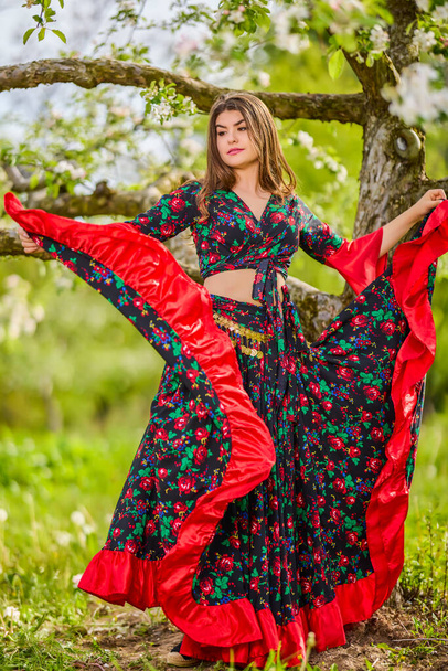 hermosa mujer en vestido gitano tradicional posando en la naturaleza en primavera - Foto, Imagen