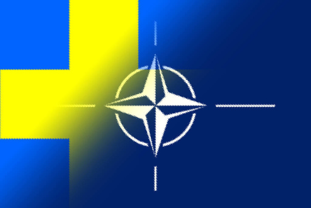 NATO-OTAN. Szwecja. Flaga NATO. Flaga szwedzka. Flaga z logo NATO. Koncepcja przyłączenia Szwecji do NATO-OTAN. Pierwszy plan. Poziomy układ. Pozioma ilustracja. Ilustracja 3D. Streszczenie. - Zdjęcie, obraz