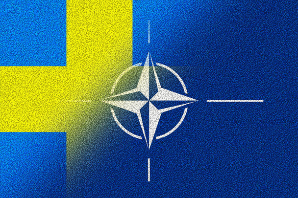 NATO-OTAN. Sweden. NATO flag. Swedish flag. Flag with the NATO logo. Concept of annexation of Sweden with NATO-OTAN. Foreground. Horizontal layout. Horizontal illustration. 3D Illustration. Abstract. - Foto, Imagem