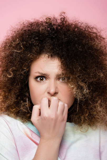 Portrait of nervous curly woman isolated on pink  - 写真・画像