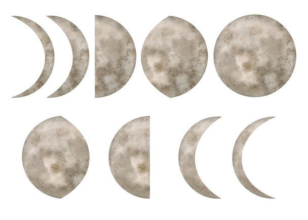 Watercolor Moon phase set. Mystical vintage full and crescent moon illustration isolated on white background. Magic Earth satellite. Celestial lunar print, trendy cosmos art, moonlight tattoo, poster - Fotó, kép