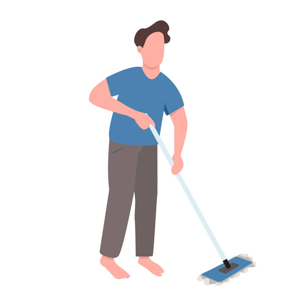 Man holding mop semi flat color vector character. Standing figure. Full body person on white. Guy cleaning floor at home simple cartoon style illustration for web graphic design and animation - ベクター画像