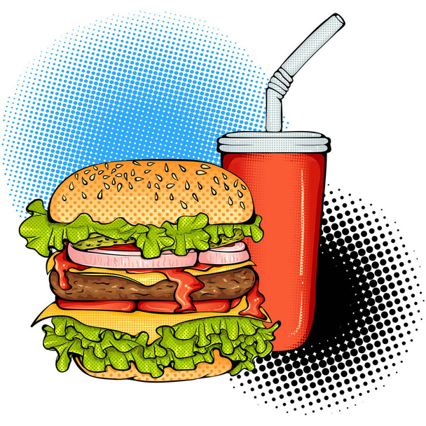 Big burger and cola Pop Art style sticker - Vektori, kuva