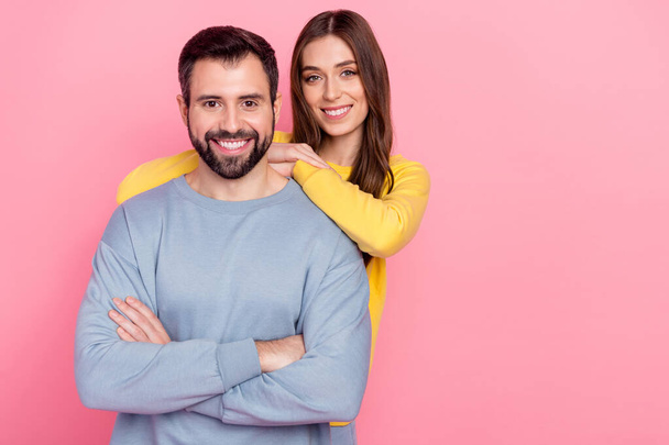 Portrait of attractive cheerful tender couple bonding copy space trust isolated over pink pastel color background - Zdjęcie, obraz