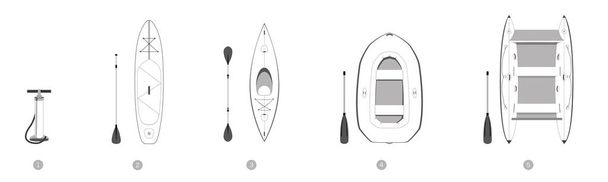 Rafting inflatable gear isolated illustration. Paddle board, kayak, boat, catamaran. Set of nine objects - Vector, Image