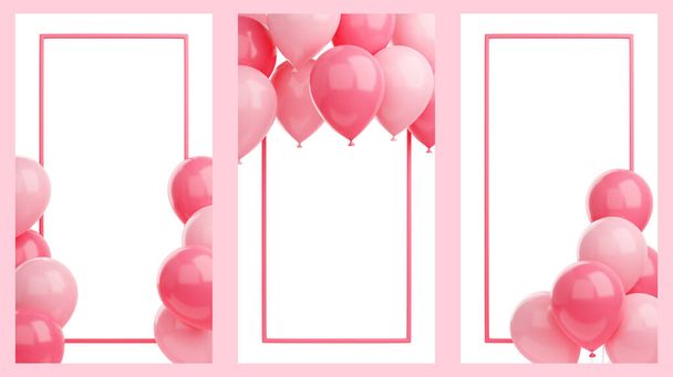 Stendardo di congratulazione con palloncini rosa e cornice su sfondo bianco - 3d rende la storia dei social media per auguri di compleanno o anniversario. - Foto, immagini