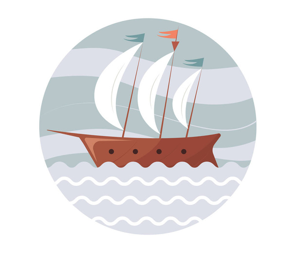 Hand drawn cute frigate ship circle icon, isolated vector illustration in flat style - ベクター画像