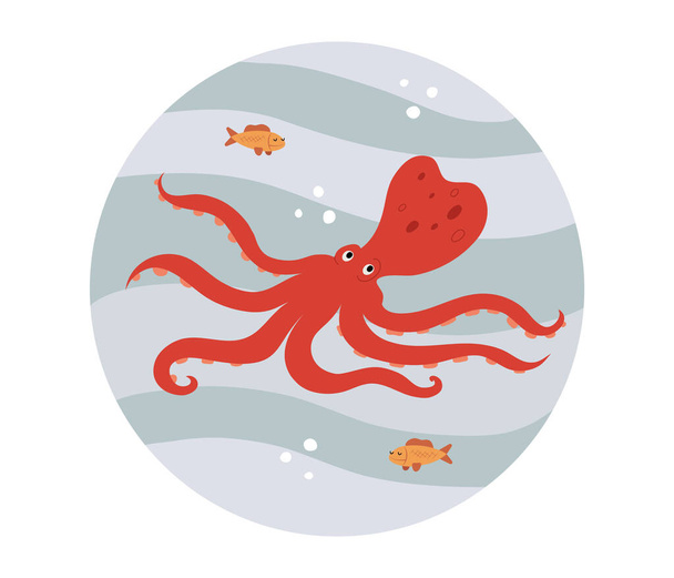 Cute red octopus underwater with fish circle icon in hand drawn cartoon style, isolated flat vector illustration - Vetor, Imagem