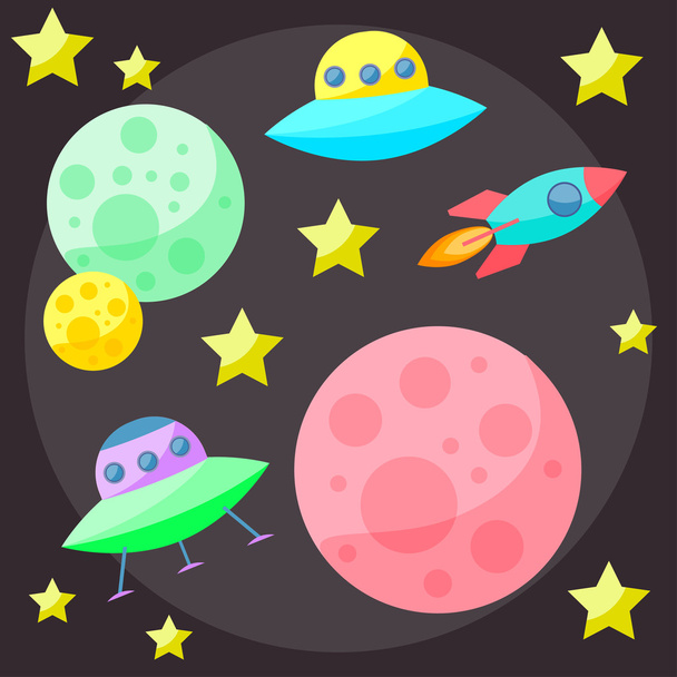 Zářivě barevné vektorový prostor krytu s barevné planety, hvězdy, ufo a kosmickou loď na pozadí tmavě otevřené spase - Vektor, obrázek