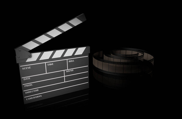 High resolution 3D render of film clapperboard with reel - Foto, Imagen