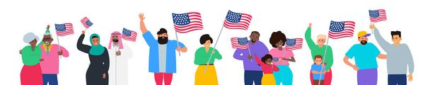 счастливые многорасовые люди с американскими флагами с Днем независимости США векторная иллюстрация на белом фоне - Вектор,изображение