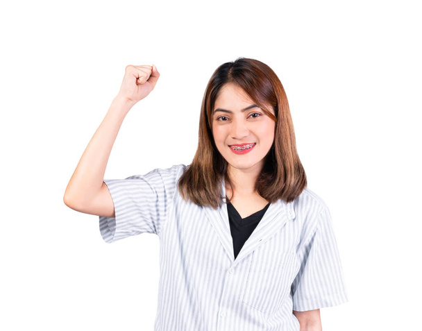 woman hand right raising fist up symbol isolated on white background - Φωτογραφία, εικόνα