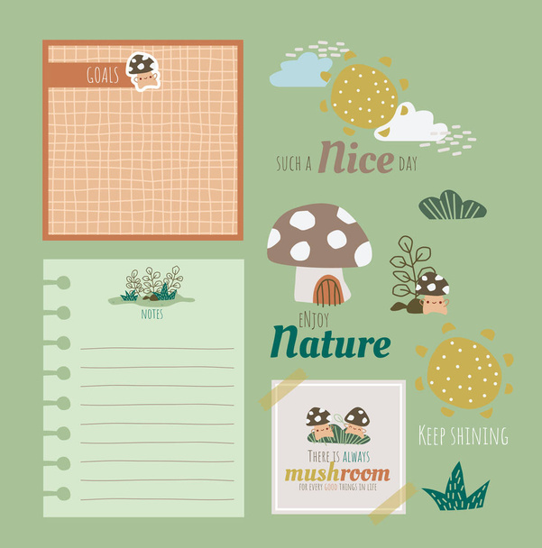 a mushroom house themed digital planners and stickers - Vektor, obrázek